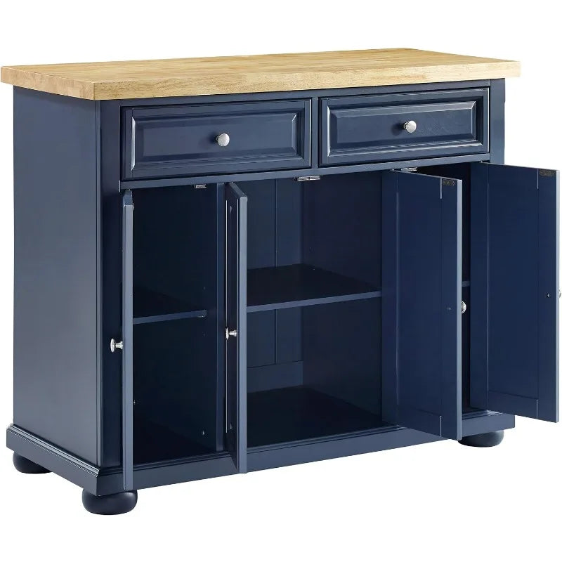 Stationary Navy Kitchen Island with Butcher Block Top