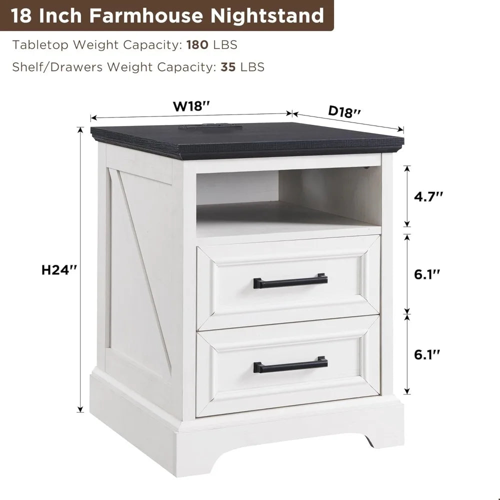 Farmhouse Style 2 Drawer Nightstand with Charging Station