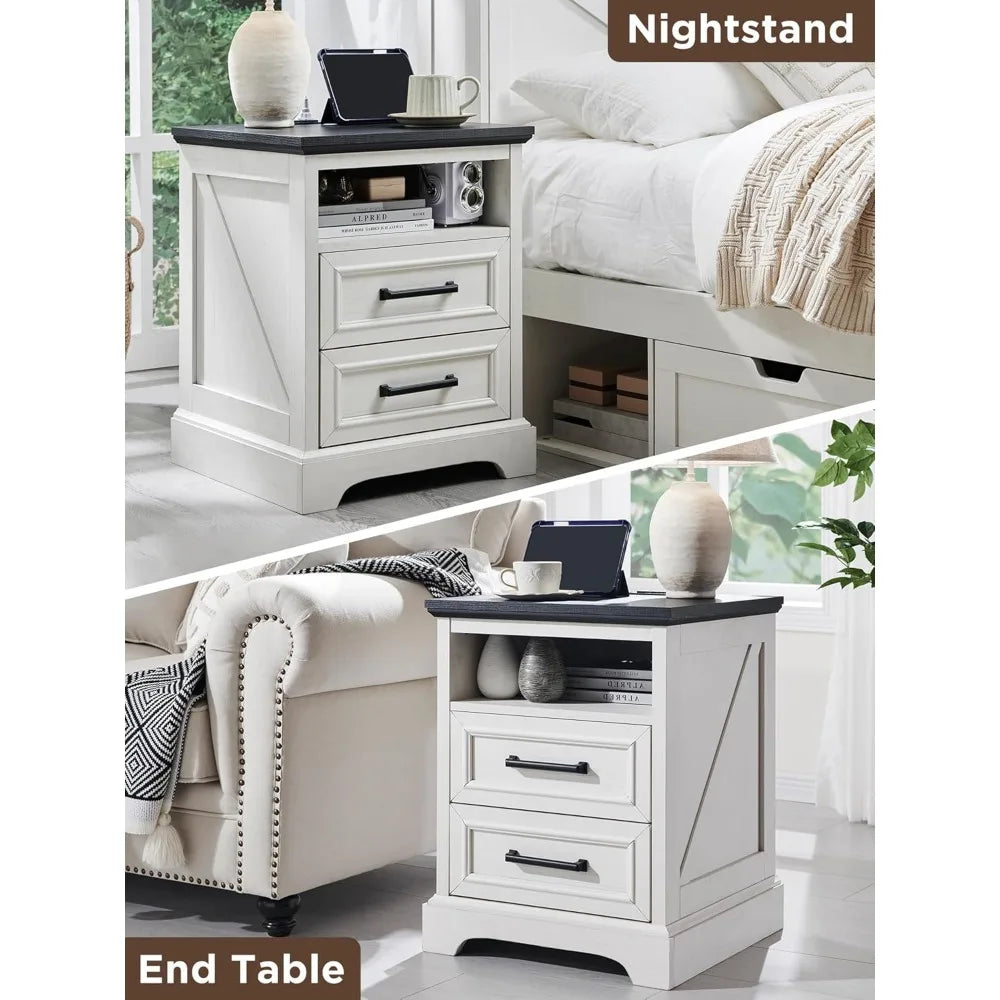 Farmhouse Style 2 Drawer Nightstand with Charging Station