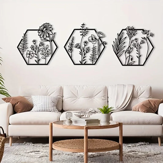 3pcs Black Hexagon Metal Shapes with Flowers in them  Wall Art