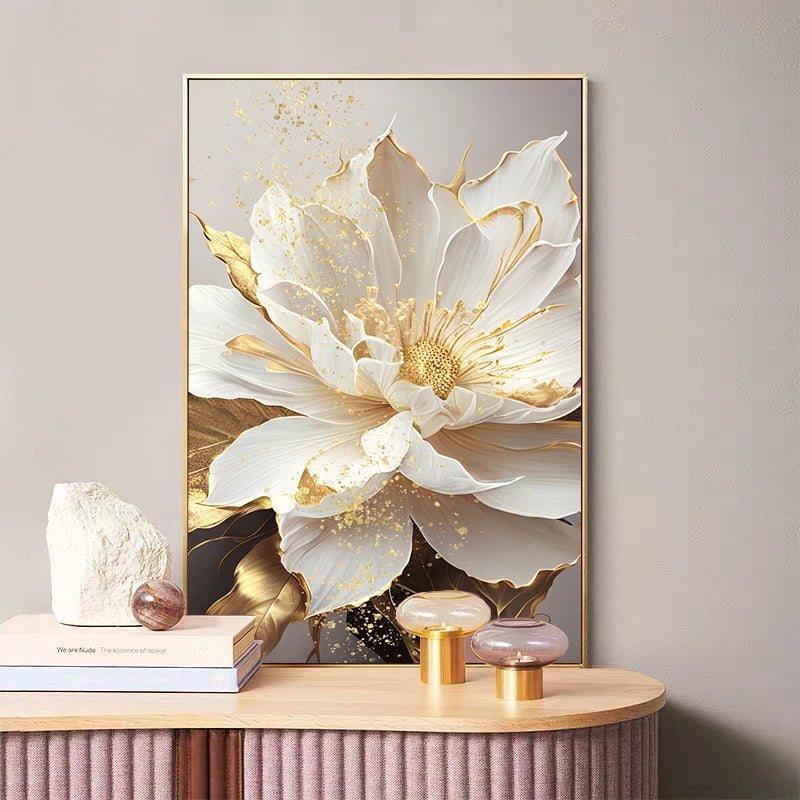 Gold Leaf White Blooming Flowers Canvas Wall Art