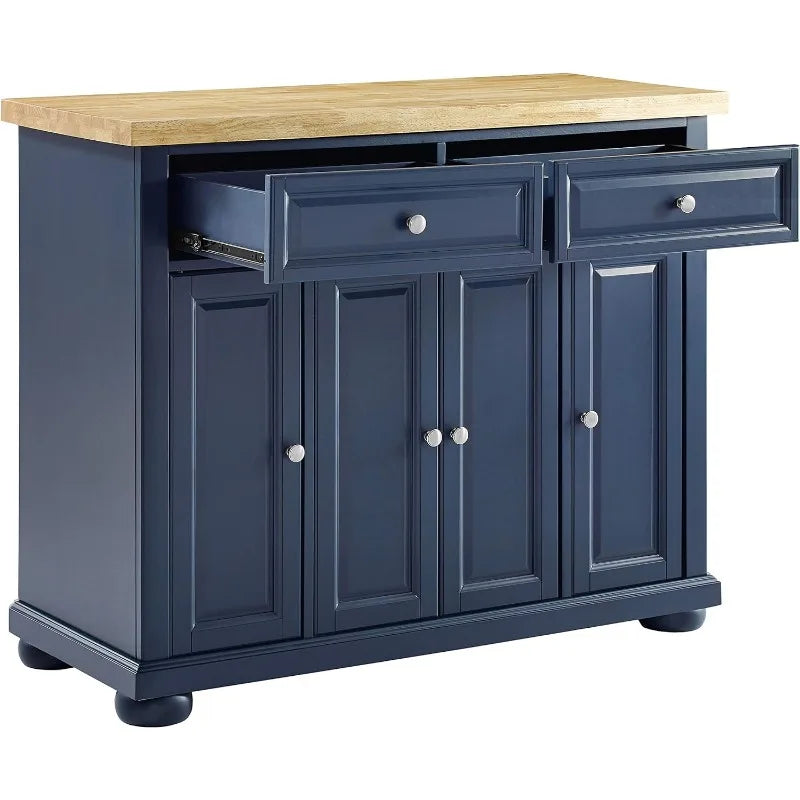 Stationary Navy Kitchen Island with Butcher Block Top