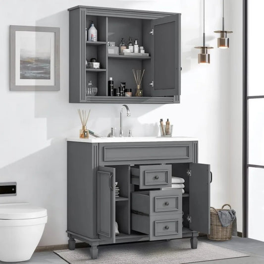 Gray Bathroom Vanity with Integrated Resin Sink and Mirror Cabinet