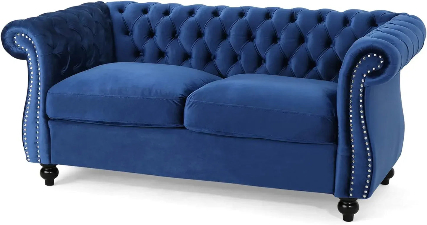 Blue Button Tufted Velvet Chesterfield Loveseat