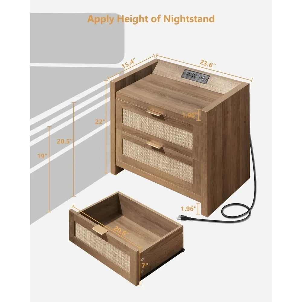 Rattan Nightstands with Type-C Charging Station