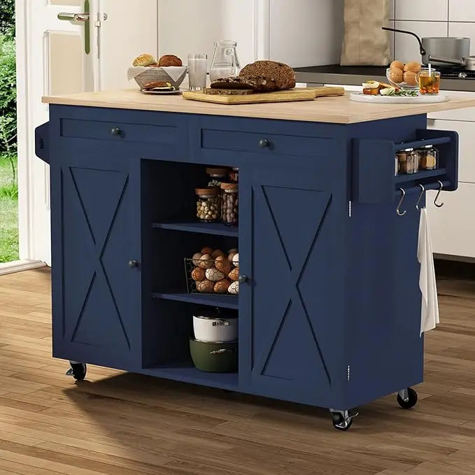 Kitchen Island On Wheels, Rolling Kitchen Island Cart with Drop Leaf Countertop, Barn Door Kitchen Island Table