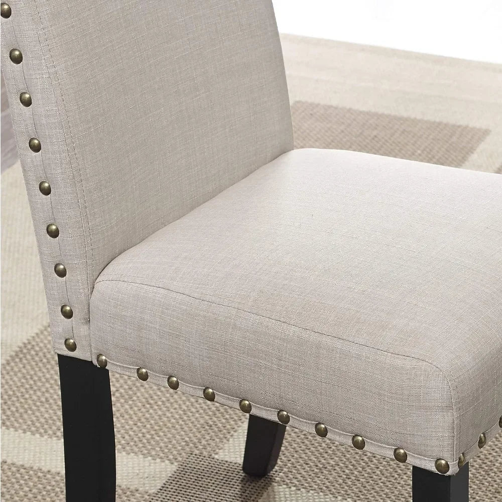 Set of 2 Tan Fabric Dining Chairs With Nailhead Trim