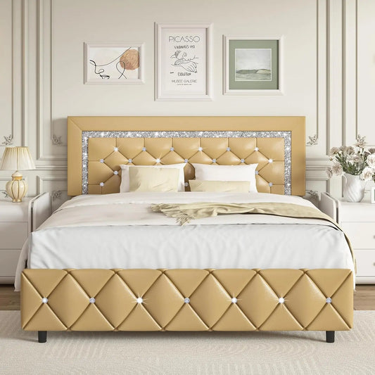 Full Size Gold Crystal Button Tufted Platform Bed