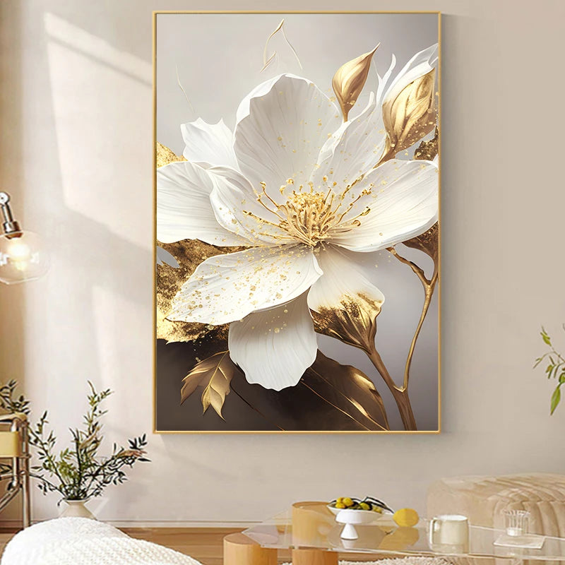 Gold Leaf White Blooming Flowers Canvas Wall Art