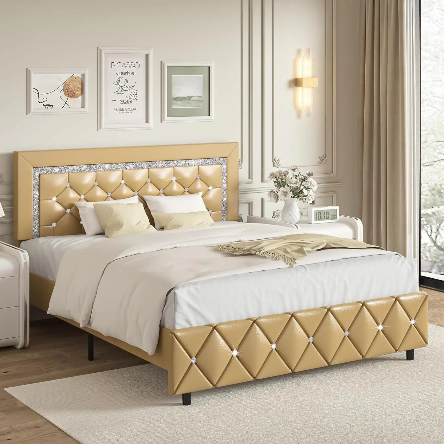 Full Size Gold Crystal Button Tufted Platform Bed