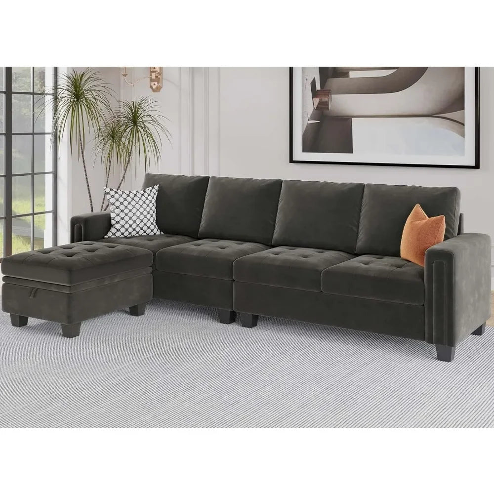 Velvet Sectional with Storage Ottoman