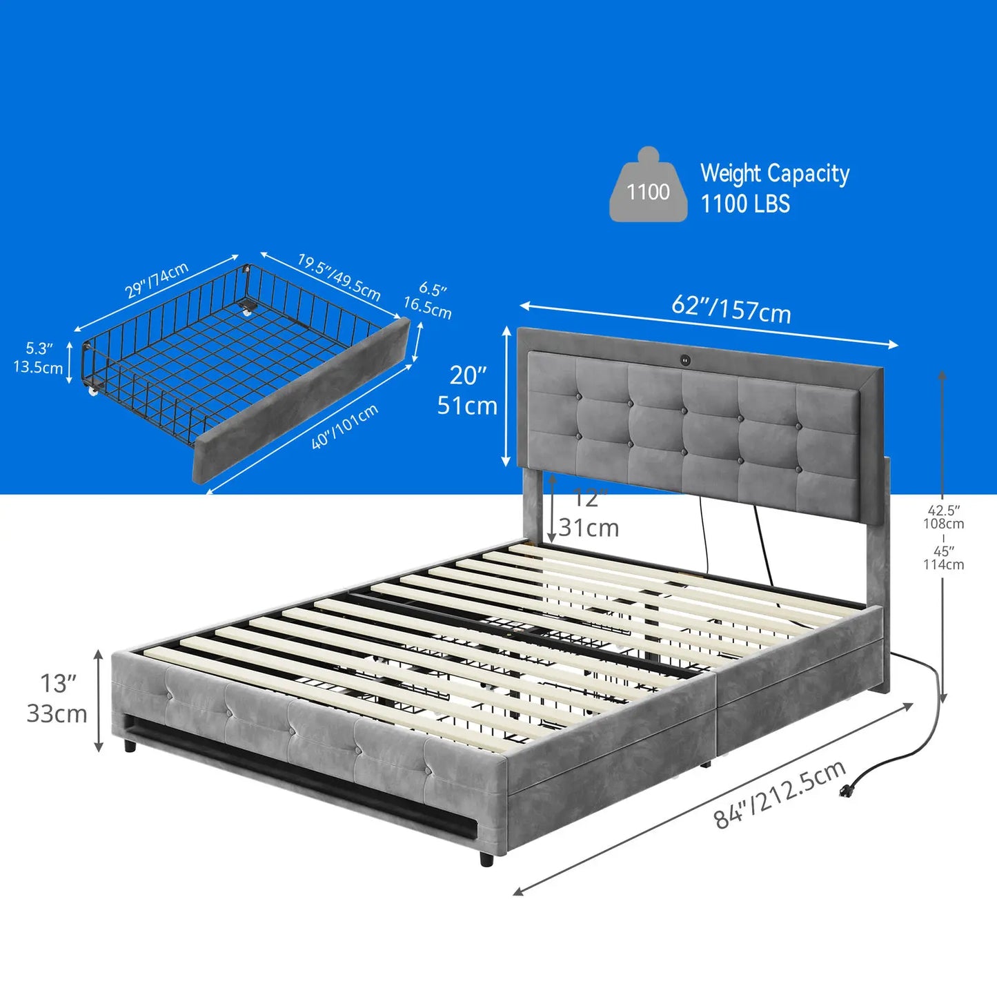 Queen LED Velvet Platform Bed Frame