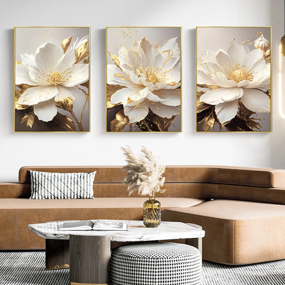 Gold Leaf White Blooming Flowers Canvas Wall Art