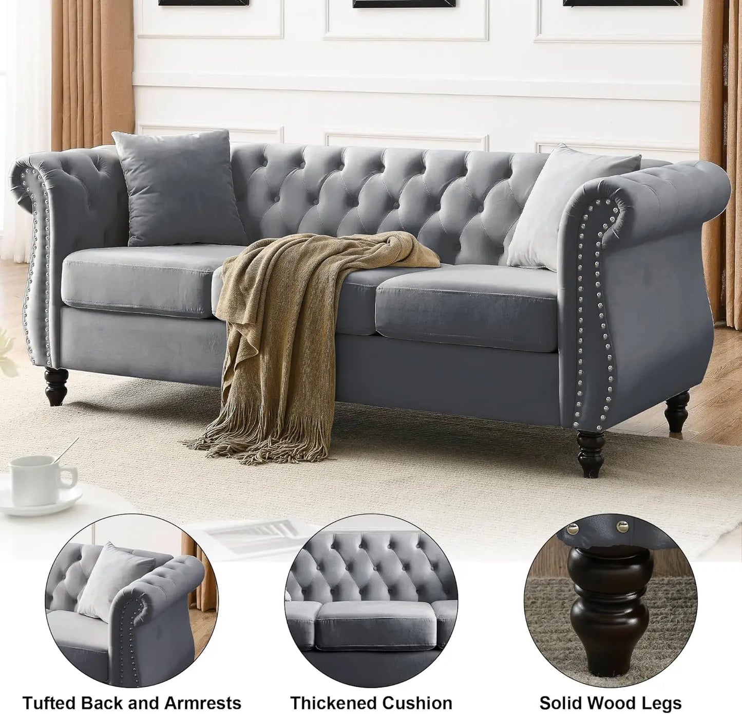 Grey Button Tufted Velvet 2 Piece Chesterfield Loveseat Sofa Set