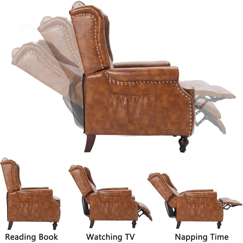 Brown PU Leather Wingback Push Back Recliner Chair - Set of 2