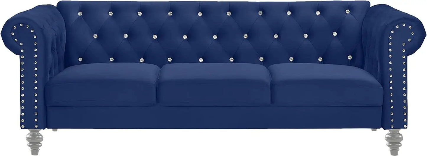 Royal Blue Glam Velvet Crystal Button Tufted Chesterfield Sofa with Nailhead Trim and Silver Legs