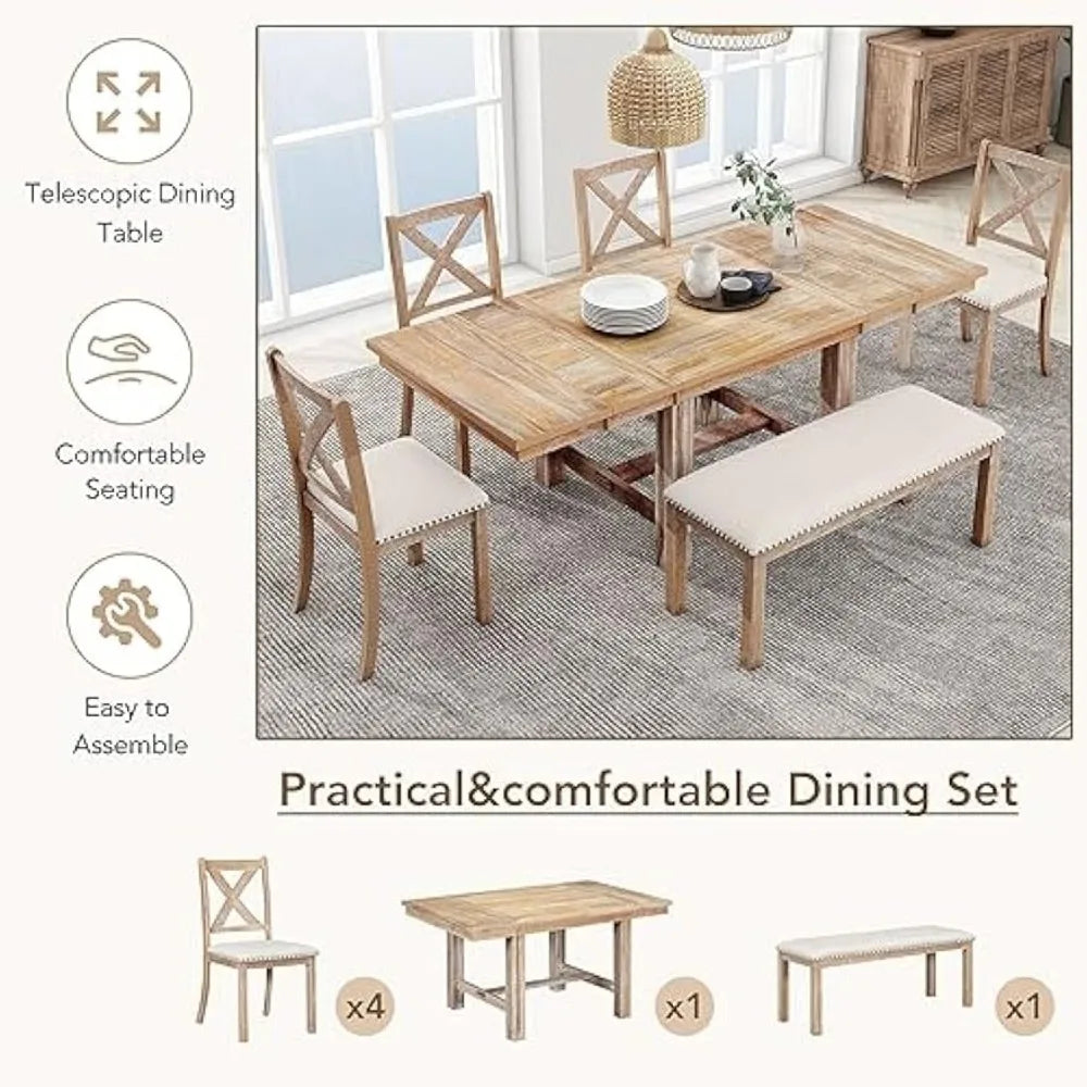 Solid Natural Wood Extendable 6pc Dining Set