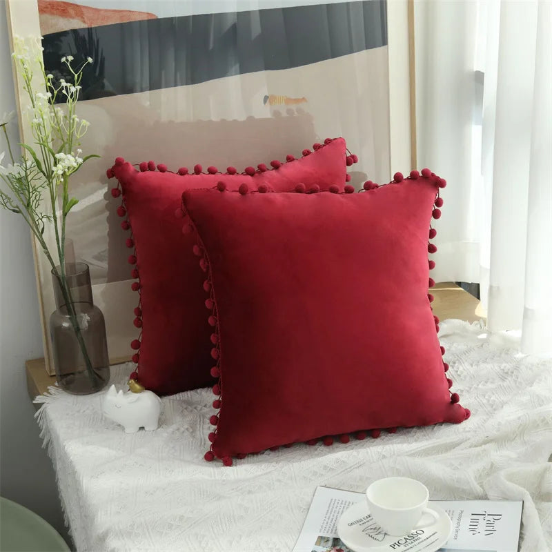 Red Macrame Ball Fringe Velvet Accent Pillow Covers - 40909716979778