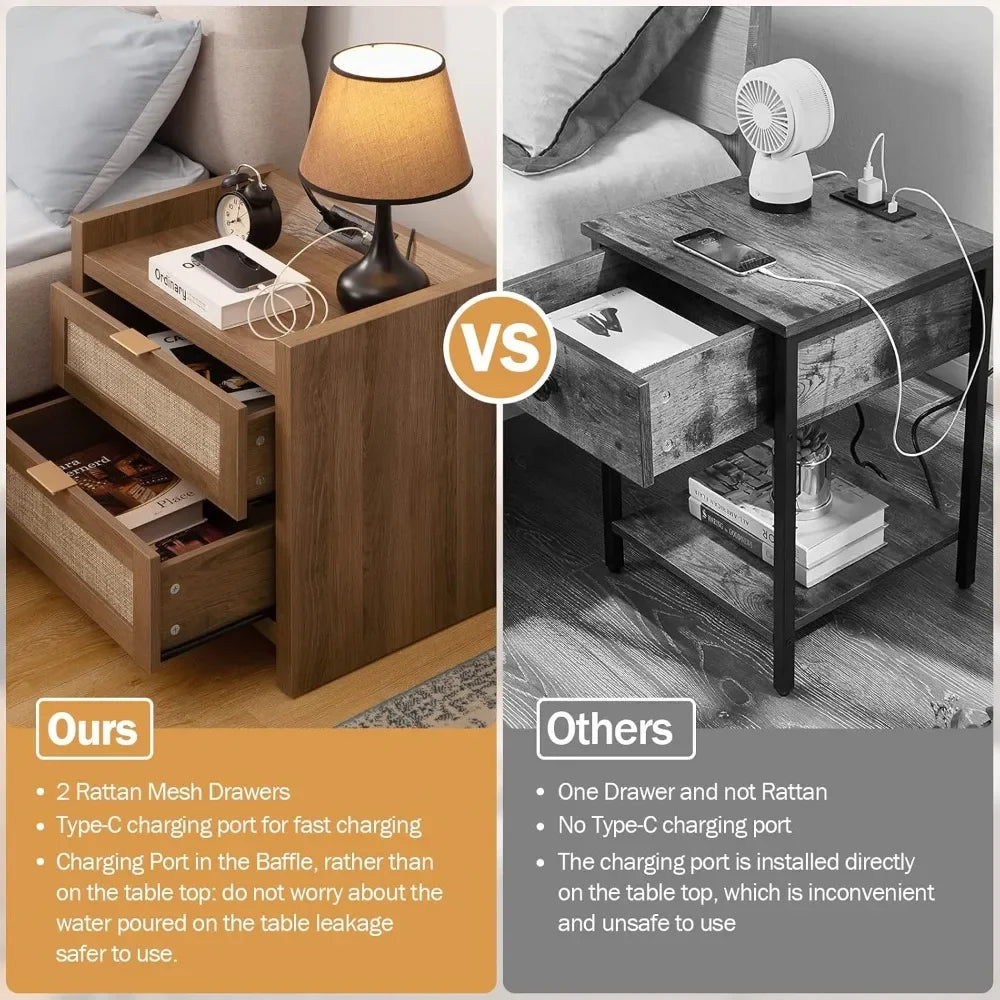 Rattan Nightstands with Type-C Charging Station