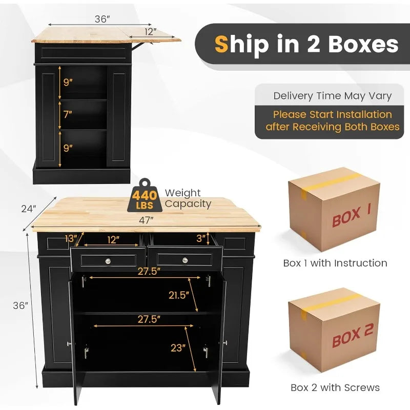 Stationary Rubber Wood Kitchen Island with Drop Leaf, 2 Drawers, Storage Cabinets