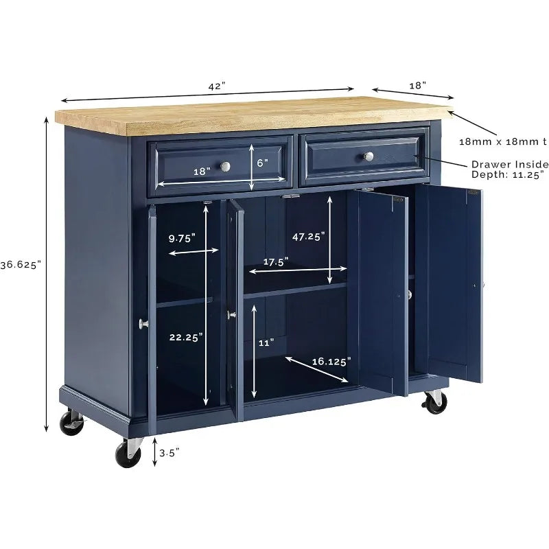 Stationary Navy Kitchen Island with Butcher Block Top