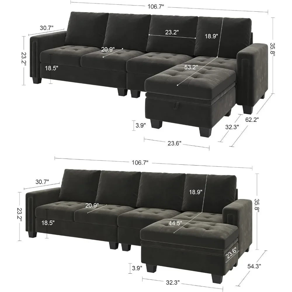 Velvet Sectional with Storage Ottoman