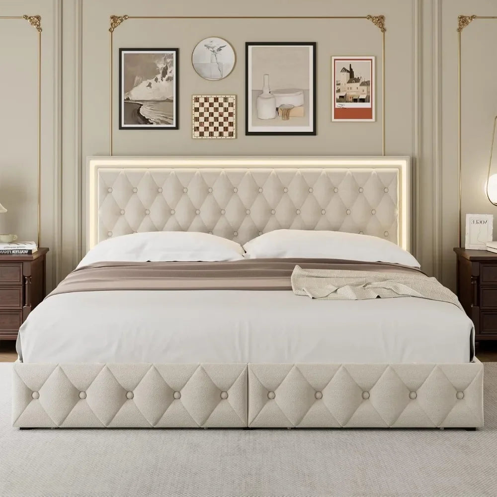 King Tufted Velvet LED Bed Frame with Drawers