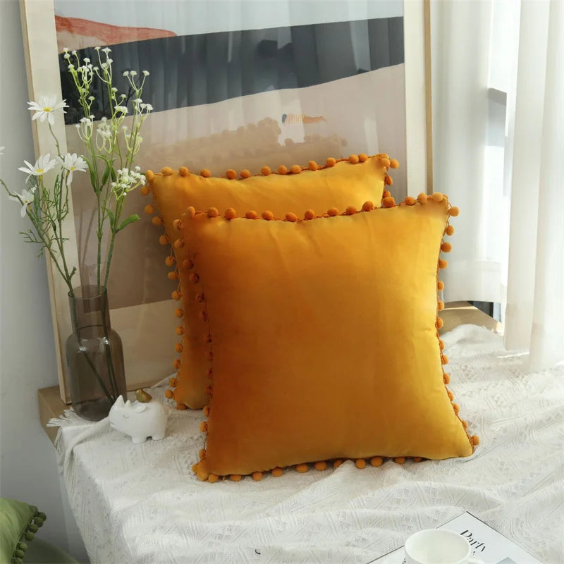 Gold Macrame Ball Fringe Velvet Accent Pillow Covers - 40909716881474