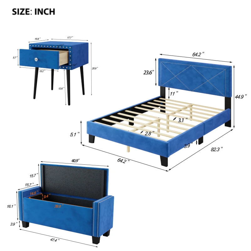 Unique Blue Velvet 4-Piece Bedroom Set