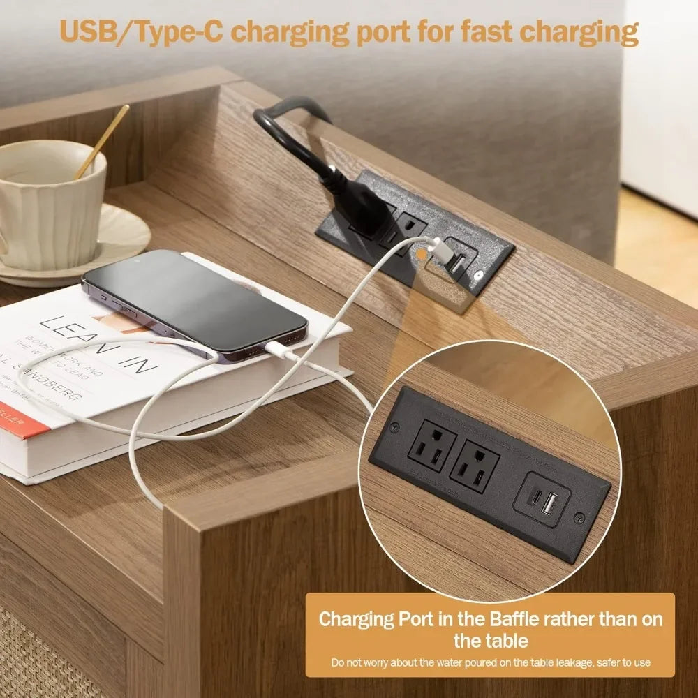 Rattan Nightstands with Type-C Charging Station