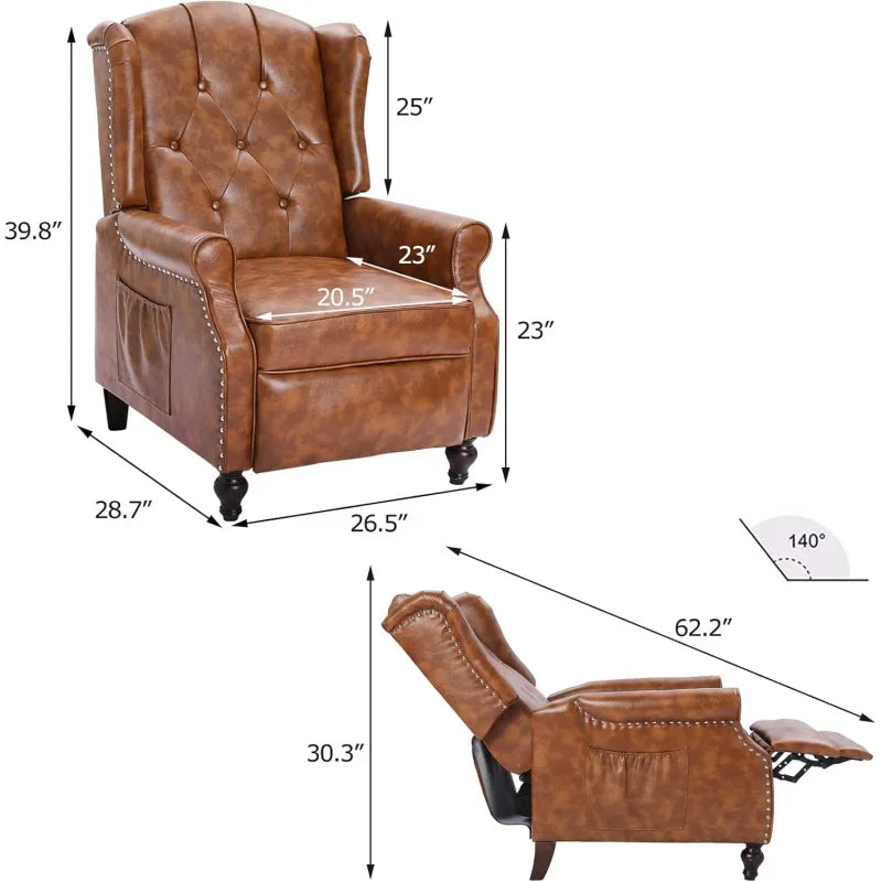 Brown PU Leather Wingback Push Back Recliner Chair - Set of 2