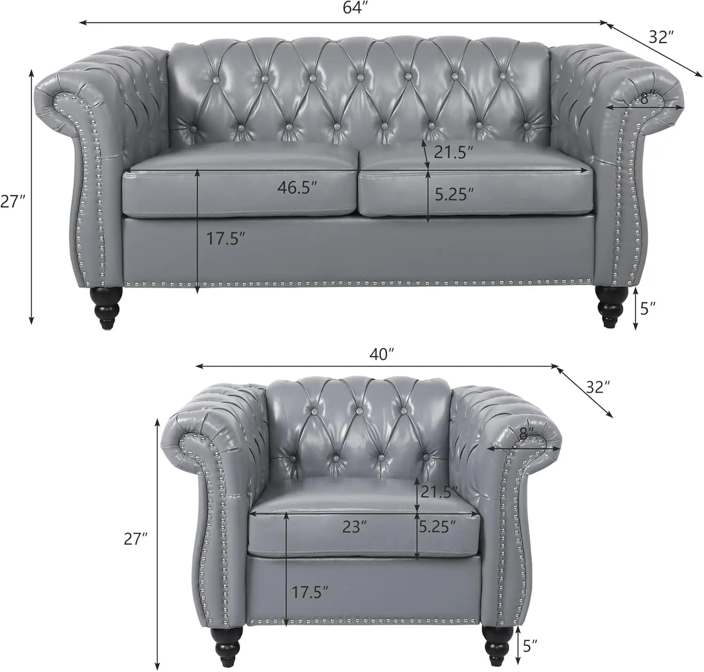 Grey PU Leather Chesterfield Sofa Set