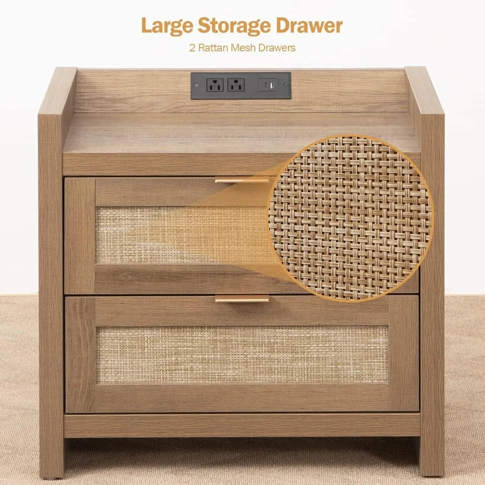 Rattan Nightstands with Type-C Charging Station