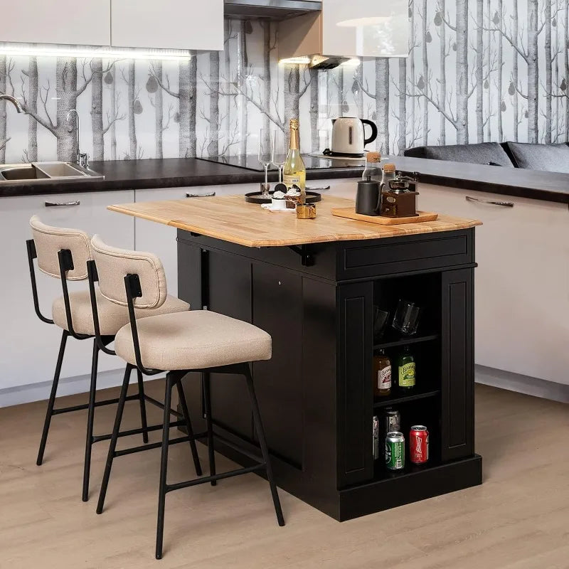 Stationary Rubber Wood Kitchen Island with Drop Leaf, 2 Drawers, Storage Cabinets