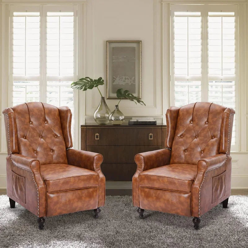 Brown PU Leather Wingback Push Back Recliner Chair - Set of 2