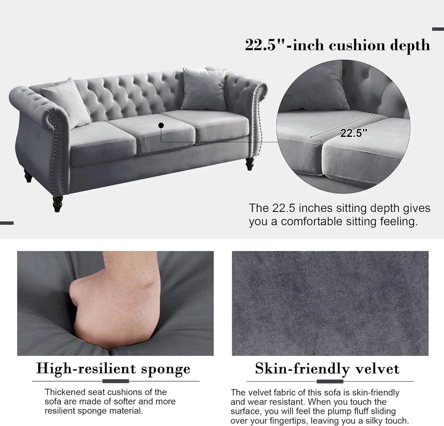 Grey Button Tufted Velvet 2 Piece Chesterfield Loveseat Sofa Set