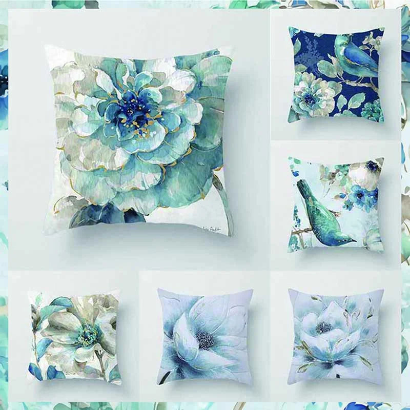 Blue Flower Print Accent Pillow Case