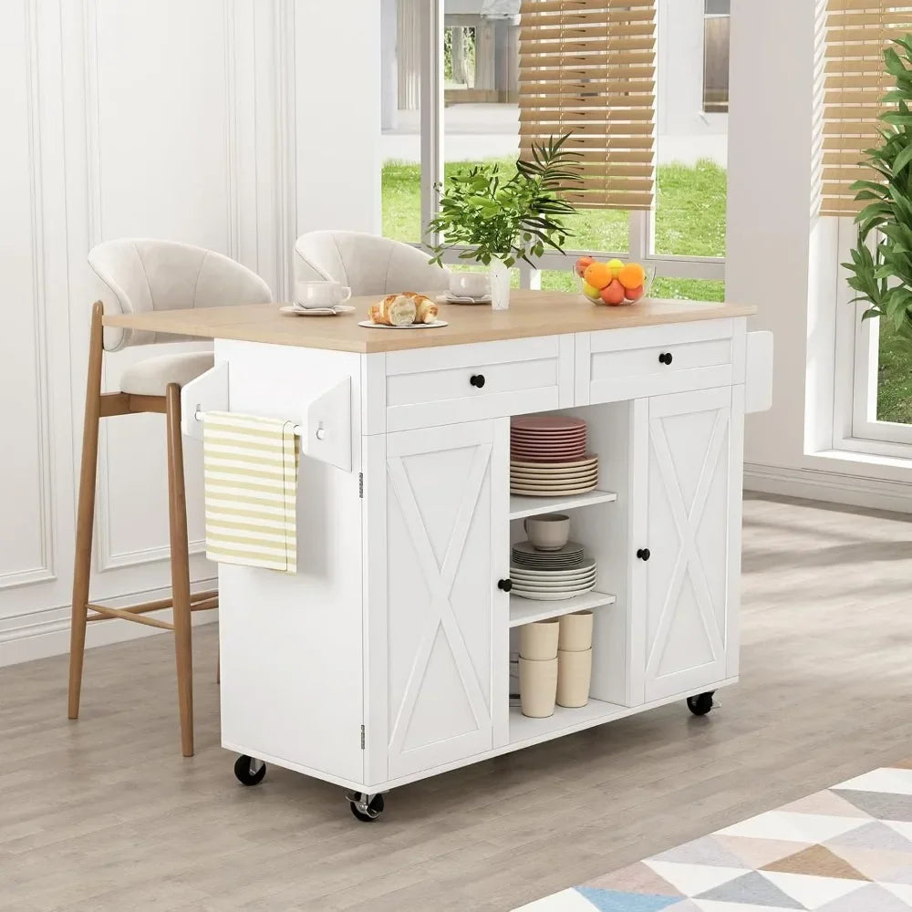 Kitchen Island On Wheels, Rolling Kitchen Island Cart with Drop Leaf Countertop, Barn Door Kitchen Island Table