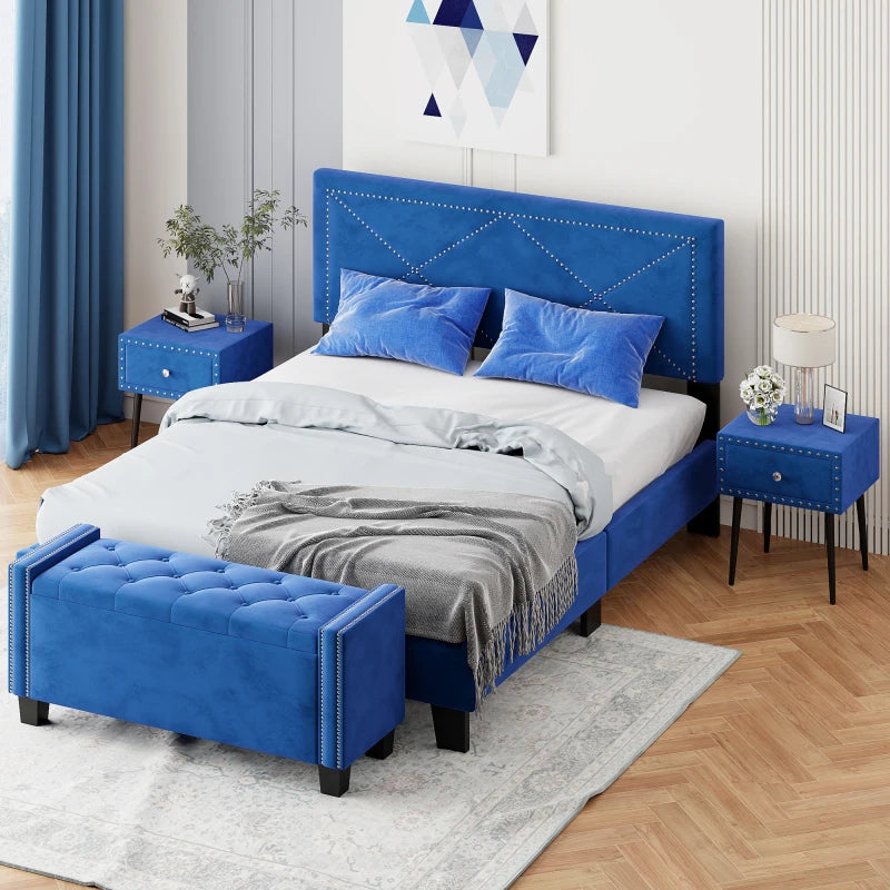 Unique Blue Velvet 4-Piece Bedroom Set