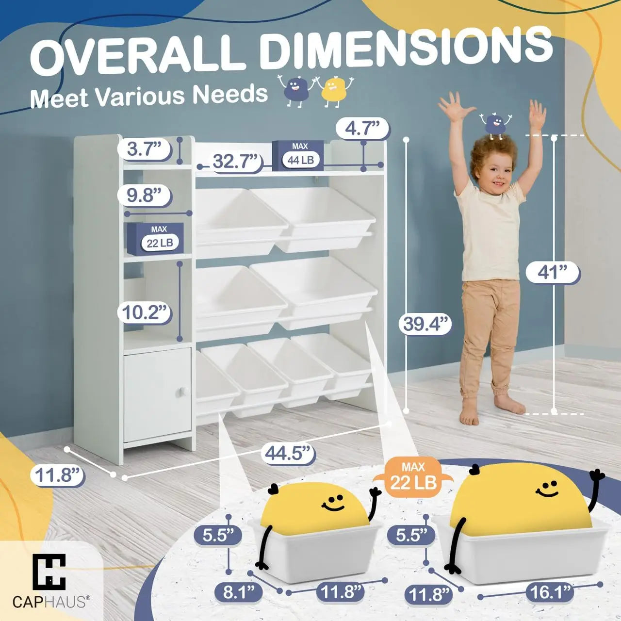 Toy Organizer with 8 White Plastic Bins