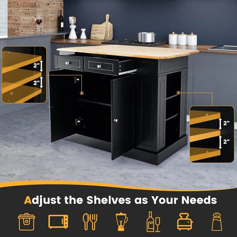 Stationary Rubber Wood Kitchen Island with Drop Leaf, 2 Drawers, Storage Cabinets