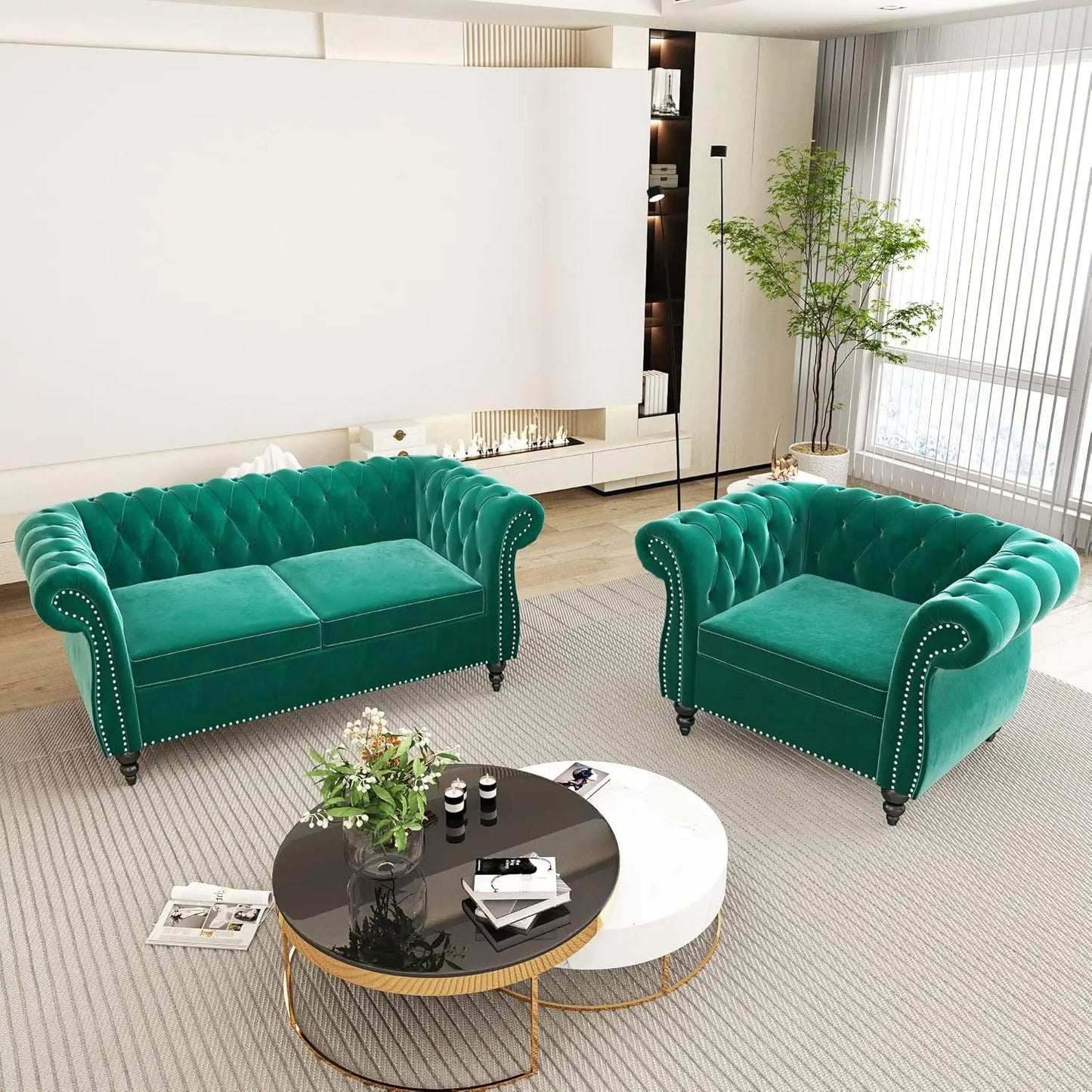 Green 2pc Velvet Chesterfield Living Room Set