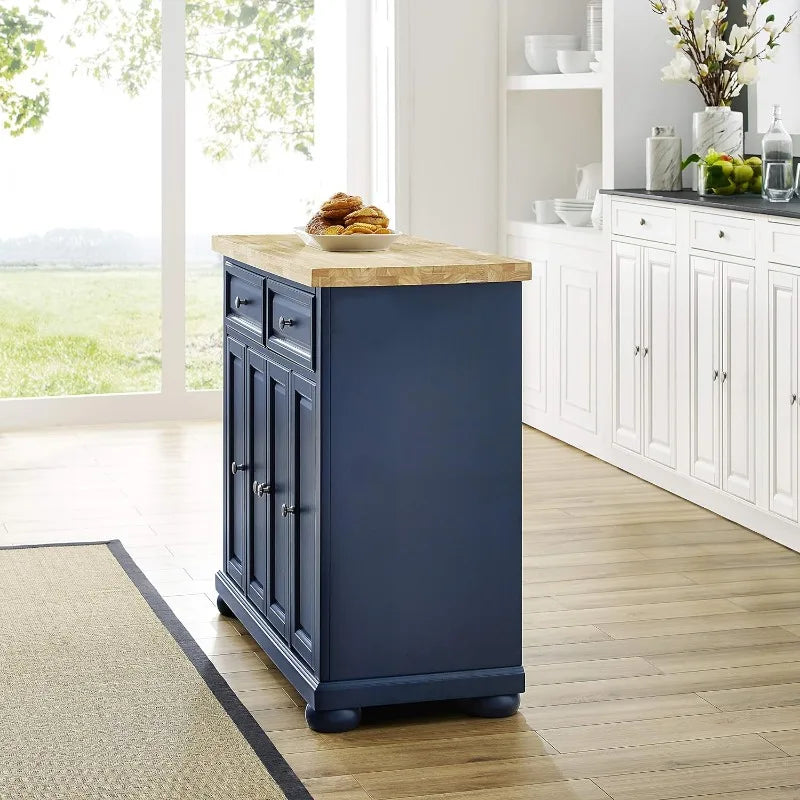 Stationary Navy Kitchen Island with Butcher Block Top