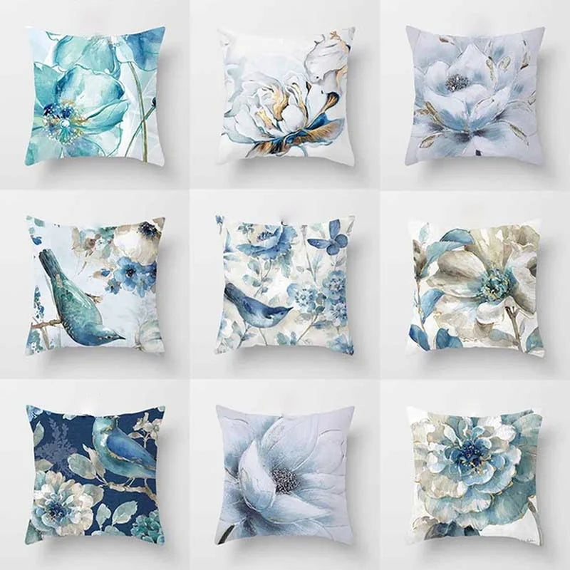 Blue Flower Print Accent Pillow Case