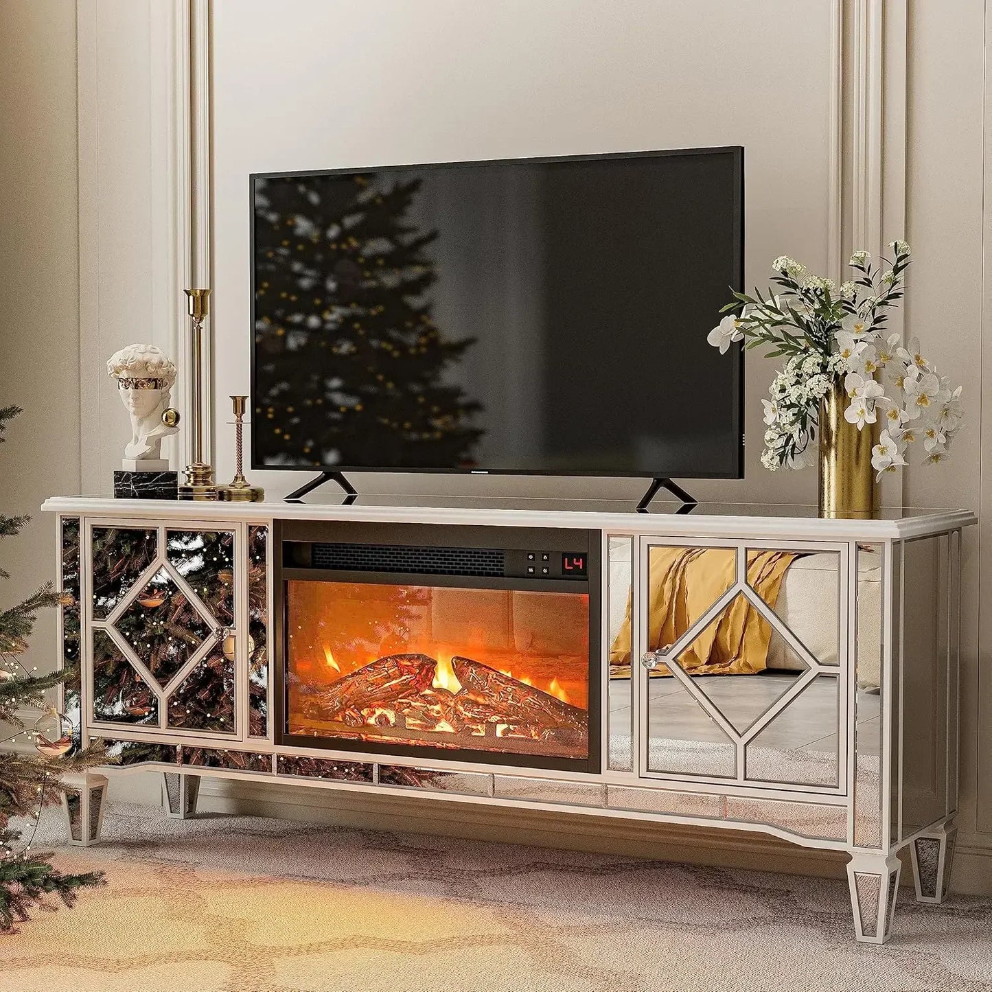 Mirrored Electric Fireplace Entertainment Center w/Changing Colors