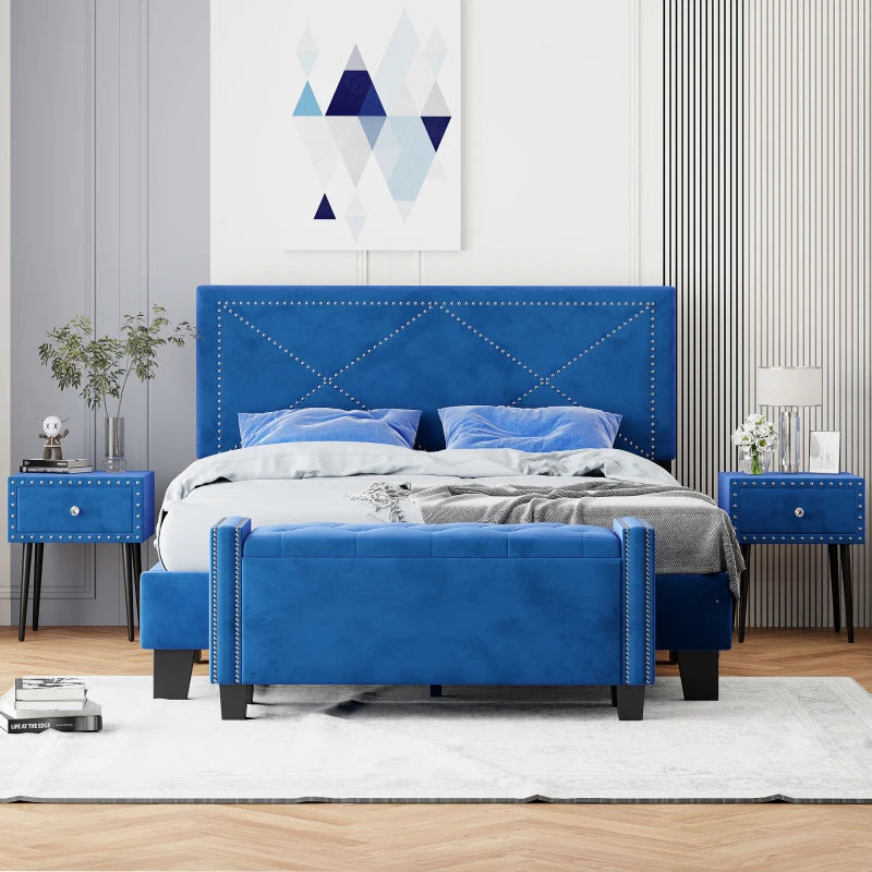 Unique Blue Velvet 4-Piece Bedroom Set