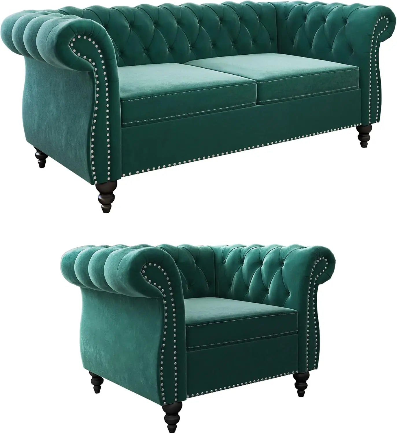 Green 2pc Velvet Chesterfield Living Room Set