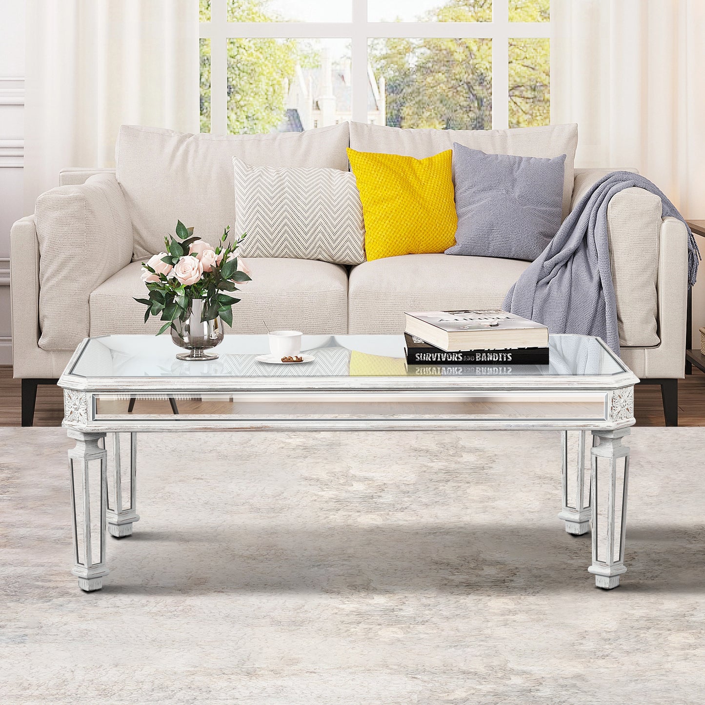 Silver Carved Mirrored Rectangle Coffee Table