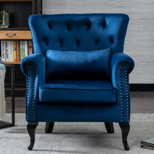 Tufted Velvet Wingback Armchair with Accent Pillow