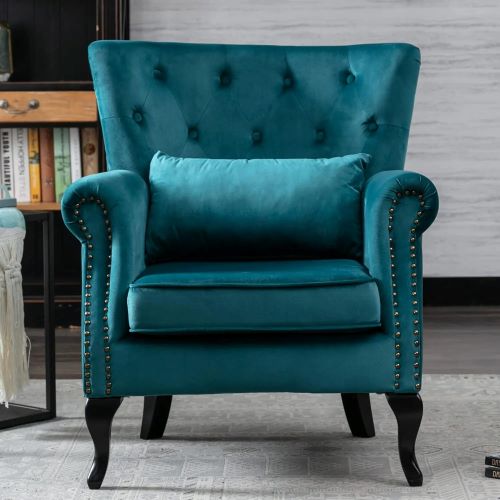 Tufted Velvet Wingback Armchair with Accent Pillow